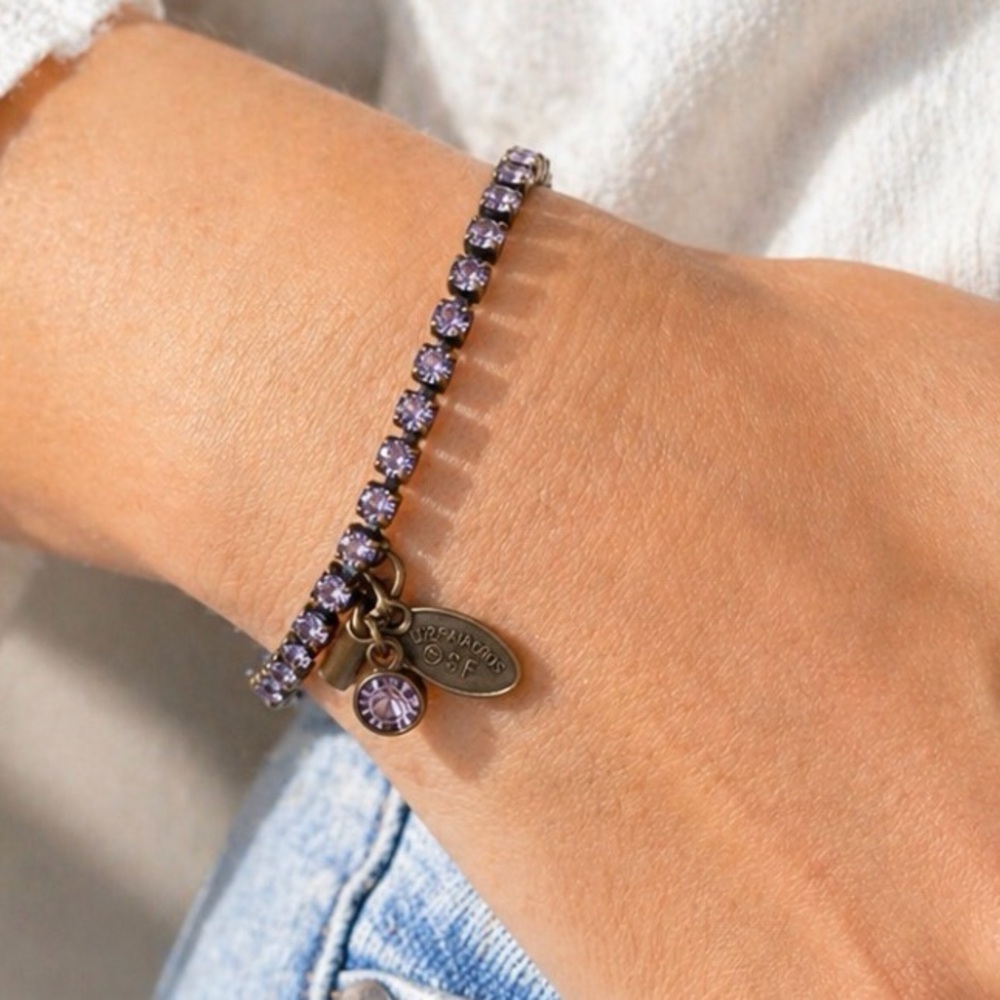 Vintage Liz Palacios Lavender Crystal Tennis Bracelet Antique Brass Y2K